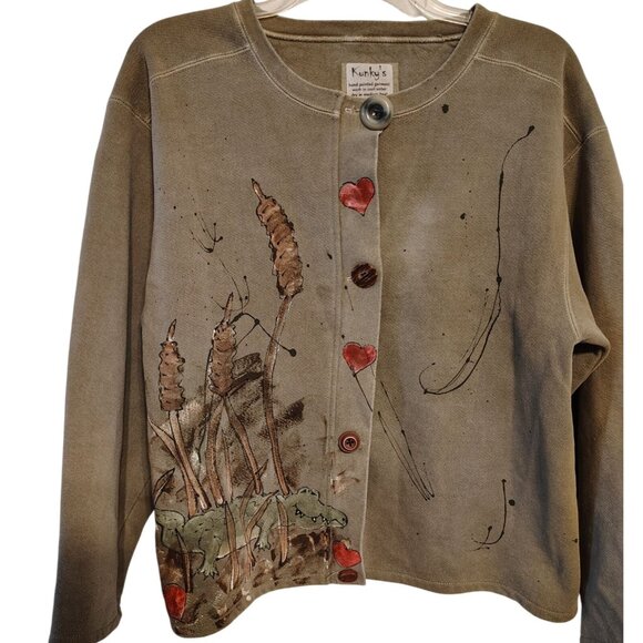 Kunky's Handpainted Large, X-Large Button Front Sweatshirt, Aligator Cattails - Picture 1 of 8